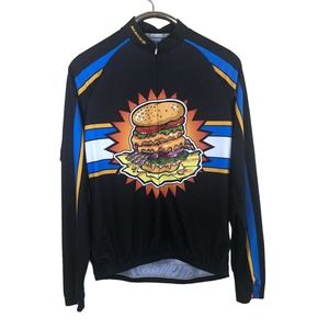 Sugoi Cycling Jersey Black Blue Orange Hamburger Fries Long Sleeve Large